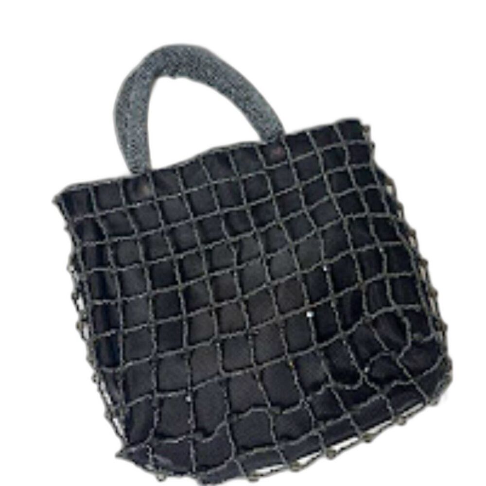 VTG Bloomingdales Beaded Bag Clutch Evening Event black Seed Bead Ibiza Dinner
